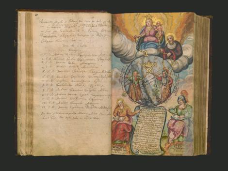 Zdjęcie nr 16 (34)
                                	                             Archiwum UJ, rkps 91 ½, s. 67: Matka Boża z Dzieciątkiem Jezus i św. Jan Kanty patronują z nieba Uniwersytetowi Krakowskiemu.
                            