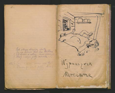 Zdjęcie nr 4 (8)
                                	                             Ilustracja 4: „Wypoczynek narciarza”: student rolnictwa Juliusz du Château śpi na sianie, obok stoją narty. ( AZS 1, s. 18a–20b)
                            