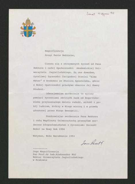 Zdjęcie nr 6 (10)
                                	                             Archiwum UJ, BR 352. List Ojca Świętego Jana Pawła II do Rektora UJ Aleksandra Koja z okazji świąt 1993 r.
                            